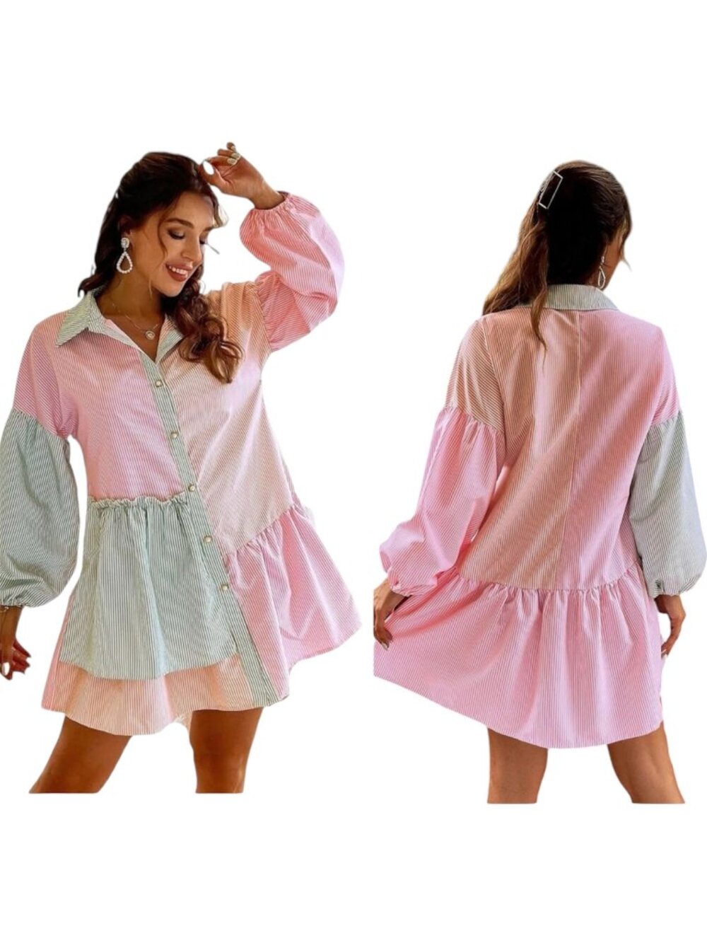 Simplee Multicolor Striped Shirt Dress with Lantern Sleeves - Size S